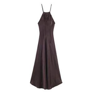 Elegant halter neck satin maxi dress in dark brown with silky finish and A-line silhouette