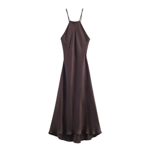 Elegant dark brown satin slip dress with halter neck and minimalist A-line silhouette