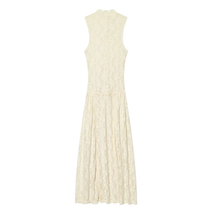 Robe longue élégante en dentelle blanc cassé avec col montant sans manches et crochet