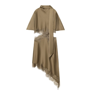 Olive green satin dress with high collar neck tie and asymmetric lace hemline detail