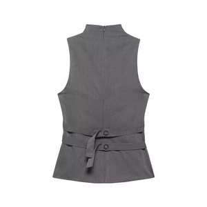 Detail view of dark gray sleeveless vest showing back invisible zipper and double belts