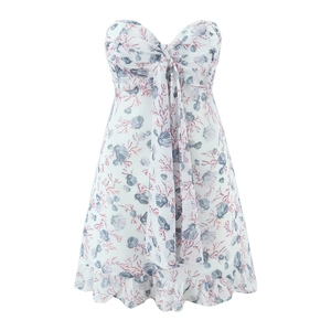 Close-up of floral print sundress featuring pink coral motifs and chest bow detail