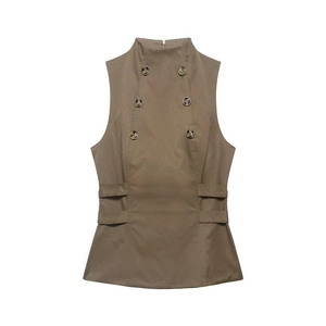 Detailed flat lay of a khaki sleeveless high-neck vest with double-breasted button design