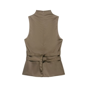 Detail view of khaki sleeveless vest back featuring high neck and buttoned waist straps