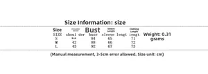 Detailed size chart for lace patchwork top showing S, M, L dimensions and measurements