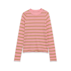 Close-up of pink and lime green striped knit sweater showing ribbed crew neck and texture