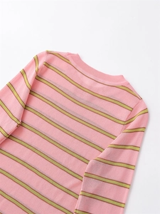Detail of pink and green horizontal striped knit sweater with ribbed crew neckline