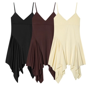 Mini Robe Sexy à Col en V et Fines Bretelles pour Femmes Ourlet à Volants Asymétrique Robe de Soirée