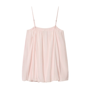 Detail of light pink bubble hem camisole top with thin straps and pleated texture