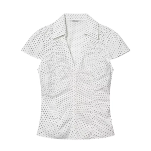 Damen Kurzarmbluse mit Polka-Dots aus Popeline mit gerafften Details und Knopfleiste
