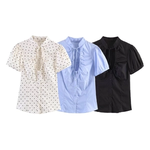 Women Retro Puff Sleeve Bowknot Poplin Top Polka Dot Solid Color Short Sleeve Fashion Street Casual Blouse Shirt