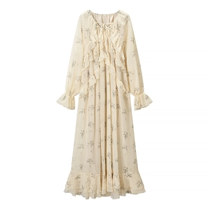Elegante Abito Maxi a Fiori con Volant Scollo a V Manica Lunga Chiffon Vita Alta Orlo a Strati Beige Stampa Foglie Vestito Festa