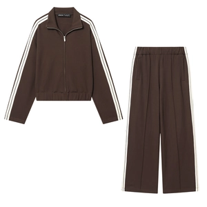Women Casual Striped Tracksuit Long Sleeve Zipper Stand Collar Jacket And Wide Leg Pants Sporty Streetwear Autumn Outfit