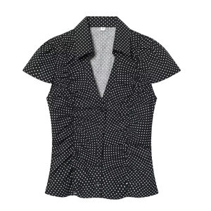 Damen Kurzarm-Oberteil aus Popeline mit modischem schwarz-weißem Polka-Dot-Muster