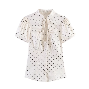 Polka dot short sleeve shirt with bow tie stand collar and puff sleeves for women