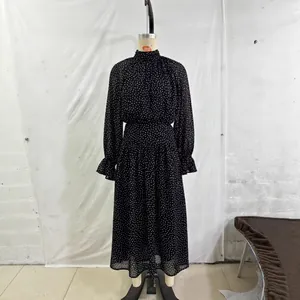 Elegant French black polka dot chiffon midi dress with high neck and ruffled sleeves
