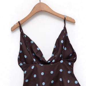 Vintage brown satin slip dress with light blue polka dots and a deep V-neckline