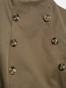 Detail shot of army green twill fabric featuring classic double-breasted resin buttons