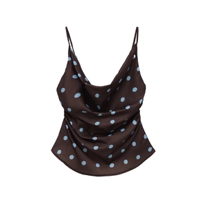 Brown satin camisole with blue polka dots featuring a draped cowl neck and thin straps