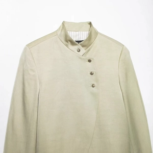 Women's mandarin collar jacket with asymmetric closure and vintage metal buttons