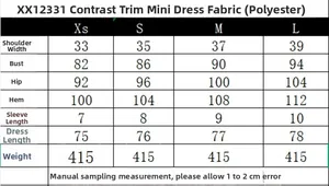 Größentabelle für Minikleid mit Kontrastbesatz inklusive Brust- und Längenangaben