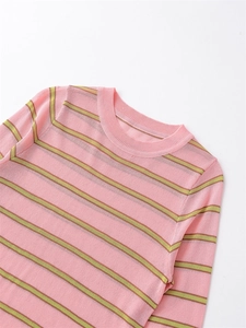 Close-up of pink and green striped knit sweater showing ribbed crewneck and texture
