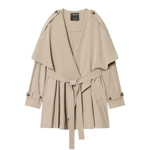 French Style Women Short Trench Coat Khaki Double Layer Cape Lapel Belted Waist Regular Fit Polyester Windbreaker Outwear