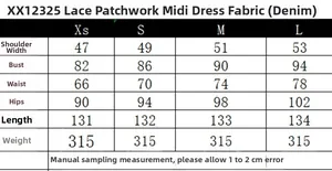 Tableau des tailles détaillé pour robe midi en jean avec dentelle et mensurations