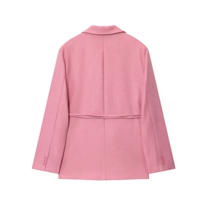 Back view of a pink linen-blend blazer featuring a center seam and decorative sleeve buttons