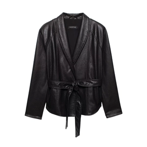 Women Elegant Black Pebble Grain PU Leather Jacket Lapel Long Sleeve Belted Wrap Outerwear Casual Solid Urban Fashion Coat
