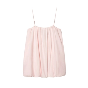 Women Casual Light Pink Bubble Hem Camisole Top Pleated Neckline Adjustable Spaghetti Strap Sexy Backless Sleeveless Summer Top
