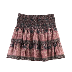 Damen Böhmischer Paisley Muster Gesmokter Bund Gestufter Volant Minirock Sexy Streetwear Floral Chiffon A-Linie Rock