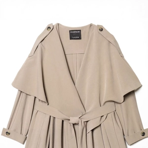 French style khaki short trench coat with wide lapels and matching waist belt
