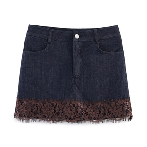Moda Donna Gonna Pantalone Denim Blu Scuro Poliestere Minigonna Con Bordo in Patchwork di Pizzo Floreale Marrone Streetwear Casual
