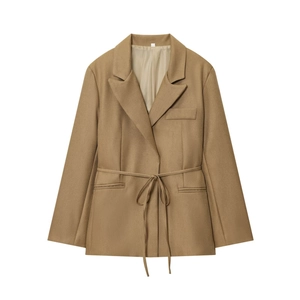 Detail view of khaki linen blend blazer featuring notched lapels and matching waist tie belt