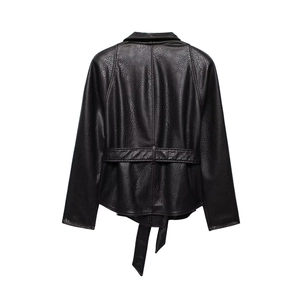 Faux leather jacket with belt and textured grain back view in minimalist style