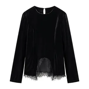 Women Elegant Velvet Long Sleeve T-Shirt Lace Patchwork Lace-Up Back Round Neck Slim Fit Casual Fashion Retro Style Top
