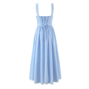 Blue gingham midi dress with lace hem and lace-up back detail for a stylish look
