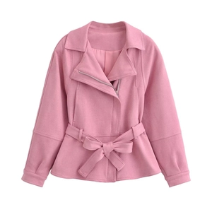Veste Rose en Suédine Décontractée pour Femmes Avec Ceinture Revers Fermeture Éclair Manches Longues Streetwear Vêtements de Sortie Mode Printemps Automne