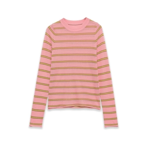 Women's Casual Striped Knit Top Long Sleeve Round Neck Polyester Slim Fit Pullover Pink Green Stripes Knitwear Sweater