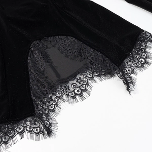 Black velvet slim top with elegant eyelash lace trim and curved hem detail