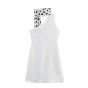 Robe Sexy Blanche Pour Femme Col Licou Une Épaule Avec Écharpe À Pois Dos Nu Coupe Ajustée Robe Midi De Fête