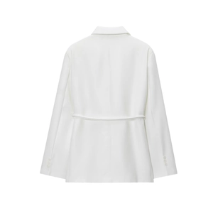 Back view of a white linen blend blazer featuring waist belt and buttoned cuffs details
