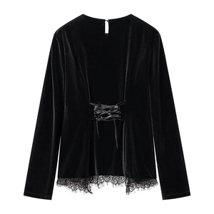 Slim fit black velvet long sleeve top with lace-up back and eyelash lace trim hem