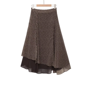 Polka dot asymmetrical midi skirt in brown chiffon with elegant layered A-line silhouette