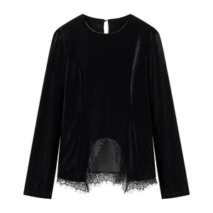 Elegant black velvet long sleeve top with lace trim and hollow out details for women