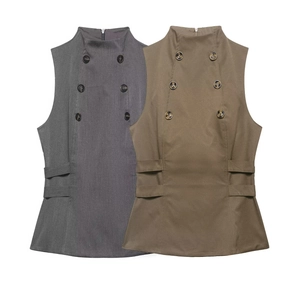 Women Office Chic High Neck Sleeveless Waistcoat Top Solid Color Double Breasted Buttons Slim Fit Khaki Gray Polyester Vest