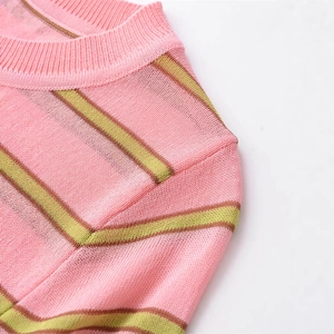 Pink and green horizontal striped knit sweater with round neck and drop shoulder design
