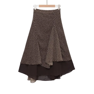 High waist brown polka dot skirt with asymmetrical layered ruffles and black chiffon hem