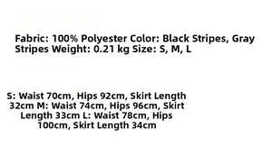 Size chart for striped mini skirt with polyester fabric details and measurements